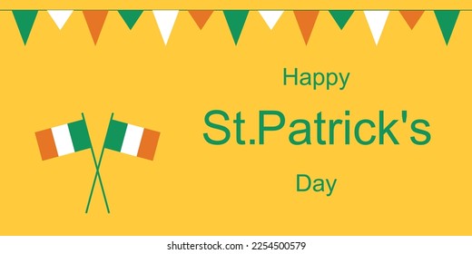 Ireland flags, postcard congratulations on St. Patrick's holiday, yellow, green, white, orange, banner, vector