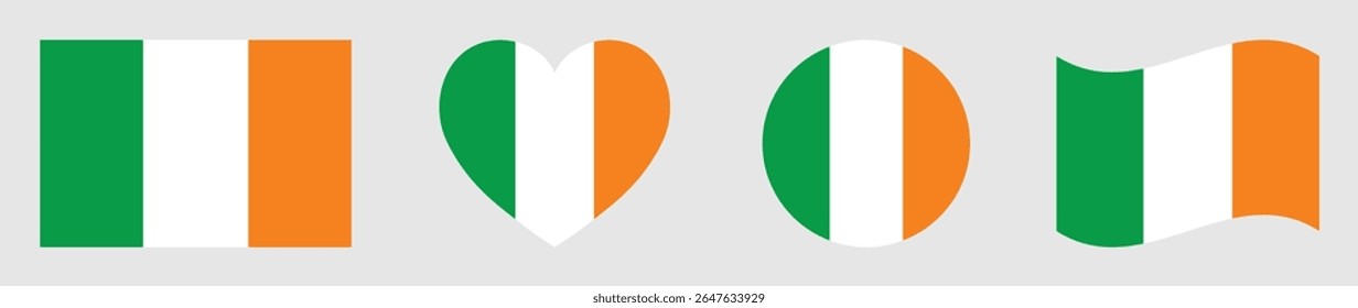 Ireland flags set in square, heart, circle and waving formats designs element. Ireland flags collection. Set of Ireland flags icons isolated on gray background. Vector illustration.