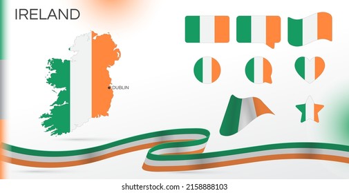 Ireland flags set. Various designs. Map and capital city. World flags. Vector set. Circle icon. Template for independence day. Collection of national symbols. Ribbon with colors of the flag. Dublin