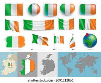 Banderas de Irlanda de varias formas y conjunto de mapas geográficos. Banderas irlandesas realistas, botones brillantes en colores patrióticos, mapa muy detallado y globo con ilustración vectorial de pin de identificación