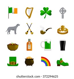 Ireland flat color decorative icons with leprechaun green hat and shoe rainbow pot with gold irish terrier and bottle of whisky