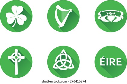 Ireland Flat Icons Set. Set of vector graphic icons representing national symbols of The Republic of Ireland. The text says 'Ireland' in Irish. 
