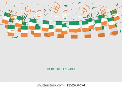 Ireland garland flag with confetti on gray background, Hang bunting for Ireland celebration template banner. vector