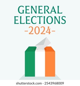 Eleições gerais na Irlanda em 2024. Urna de votação com bandeira, texto e envelope entrando na caixa.