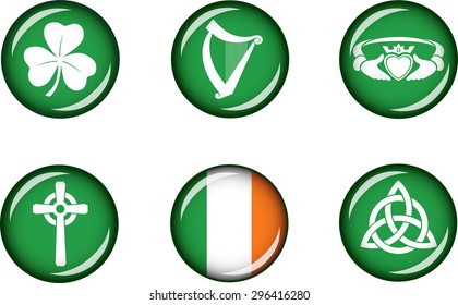 Ireland Glossy Icons Set. Set of vector graphic glossy icons representing national symbols of The Republic of Ireland. 