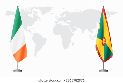 Ireland and Grenada flags for official meeting against background of world map.