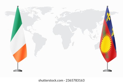 Ireland and Guadeloupe flags for official meeting against background of world map.