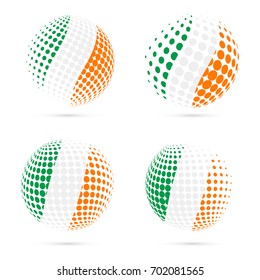 Ireland halftone flag set patriotic vector design. 3D halftone sphere in national flag colors isolated on white background.