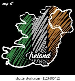 Ireland. Hand drawn vector map, sketch style, hand drawn. Flag of the country, stylized concept, green, white, orange. Travels. 