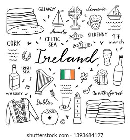 Ireland hand drawn vector set. Visit Ireland travel icons and elements: nature and food illustrations