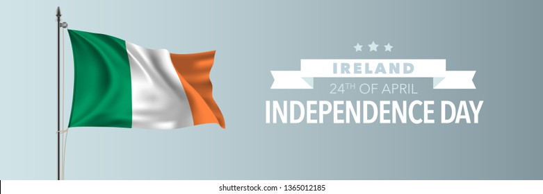 Ireland happy independence day greeting card, banner vector illustration. Irish national holiday 24th of April design element with waving flag on flagpole 