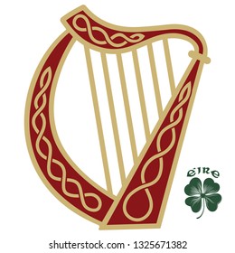 Ireland Harp musical instrument in vintage, retro style, illustration on the theme of St. Patricks day celebration, isolated on white, vector illustration