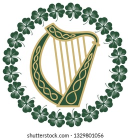 Ireland Harp musical instrument in vintage, retro style, illustration on the theme of St. Patricks day celebration, isolated on white, vector illustration