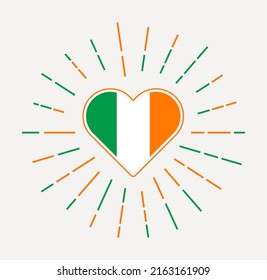Ireland heart with flag of the country. Sunburst around Ireland heart sign. Vector illustration.