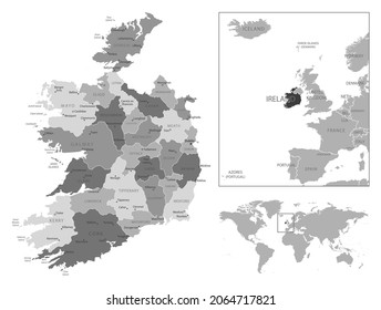 Irland - sehr detaillierte Schwarz-Weiß-Karte. Vektorgrafik