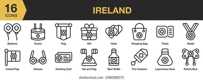 Ireland icon set. Includes national, landmark, architecture, coast, europe, and More. Outline icons vector collection.