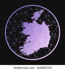Ireland icon. Vector polygonal map of the country. Ireland icon in geometric style. The country map with purple low poly gradient on dark background.