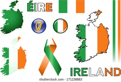 Ireland Icons. Set of vector graphic images and symbols representing the Republic of Ireland. The text says 'Ireland' in Irish.