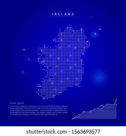 Ireland illuminated map with glowing dots. Infographics elements. Dark blue space background. Vector illustration. Growing chart, lorem ipsum text.