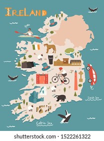 Ireland illustrated hand drawn map. Ireland nature landmarks, animals. Travel postcard, poster concept design