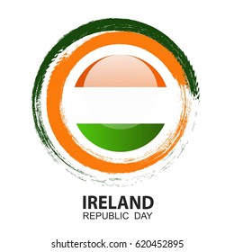  Ireland Independence Day on 24 April, background in national flag color theme. Celebration banner with curving flags and clovers. Vector illustration 