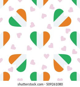 Ireland independence day seamless pattern. Patriotic background with country national flag in the shape of heart. Vector illustration.