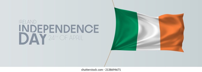 Ireland independence day vector banner, greeting card. Irish wavy flag in 24th of April national patriotic holiday horizontal design