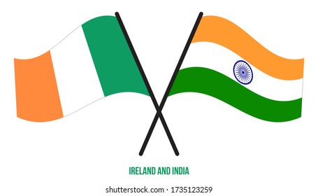 Ireland and India Flags Crossed And Waving Flat Style. Official Proportion. Correct Colors.