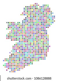 Ireland Island map. Vector collage of geographic plan. Regular pattern is designed of x-cross items in different colors.