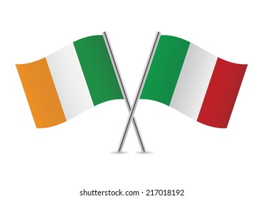 Ireland and Italy crossed flags. Irish and Italian flags on white background. Vector icon set. Vector illustration.