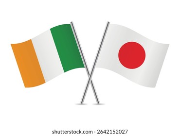 Ireland and Japan crossed flags. Irish and Japanese flags on a white background. Vector icon set. Vector illustration.