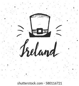 Ireland lettering. St. Patrick Day. Hand drawn vector illustration, greeting card, design, logo.