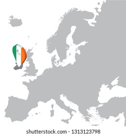 Ireland Location Map on map Europe. 3d Ireland flag map marker location pin. High quality map Ireland.  Vector illustration EPS10.