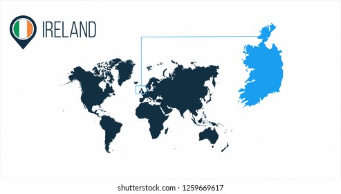 Ireland location modern vector map for infographics. All world countries without names. round flag in the map pin or marker. vector illustration on stripped background.