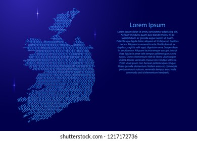 Ireland map abstract schematic from blue ones and zeros binary digital code with space stars for banner, poster, greeting card. Vector illustration.