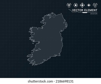 Ireland map of black digital frame HUD, GUI, UI interface technology radar vector.