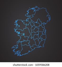 Ireland map: blue glitter outline with sparkling stars on dark background. Detailed map of Ireland. Vector illustration.