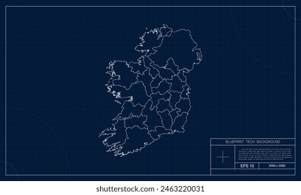 Mapa de Irlanda con fondo de estilo técnico de Blueprint.