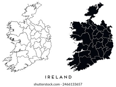 Ireland map of city regions districts vector black on white and outline