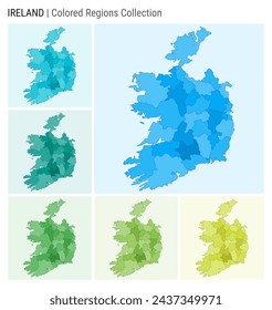 Ireland map collection. Country shape with colored regions. Light Blue, Cyan, Teal, Green, Light Green, Lime color palettes. Border of Ireland with provinces for your infographic. Vector illustration.