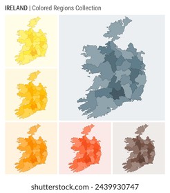 Colección de mapas de Irlanda. Forma de país con regiones de color. Gris azul, amarillo, ámbar, naranja, naranja profundo, marrón paletas de color. Frontera de Irlanda con las provincias para su infografía.