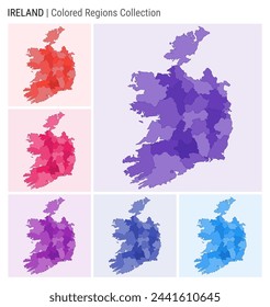 Colección de mapas de Irlanda. Forma de país con regiones de color. Paletas de colores Deep Purple, Red, Pink, Purple, Indigo, Blue. Frontera de Irlanda con las provincias para su infografía. Ilustración vectorial.