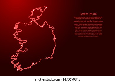 Ireland map from the contour red brush lines different thickness and glowing stars on dark background. Vector illustration.