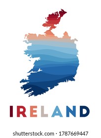 Ireland map. Map of the country with beautiful geometric waves in red and blue colors. Vivid Ireland shape. Vector illustration.