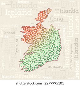 Ireland map design. Country names in different languages and map shape with geometric low poly triangles. Modern vector illustration of Ireland.
