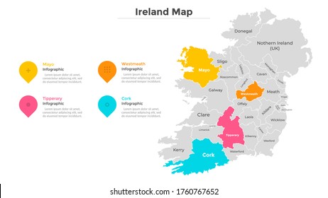 Ireland map divided into federal states. Territory of country with regional borders. Irish administrative division. Infographic design template. Vector illustration for touristic guide, banner.