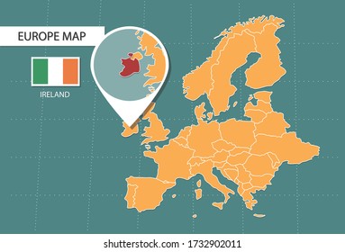 Ireland map in Europe zoom version, icons showing Ireland location and flags.