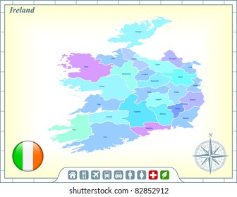 Mapa de Irlanda con botones de bandera y asistencia y activa iconos Ilustración original