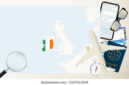 Ireland map and flag, cargo plane on the detailed map of Ireland with flag, passport, magnifying glass and airplane. Vector template.