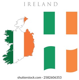 Ireland  map with flag embeded inside with 2  flags wavy flag and rectangular flag vector illustration